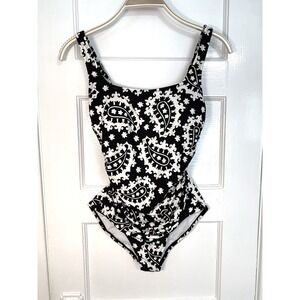 Anne Cole One Piece Swimsuit Black White Paisley Ruched Square Neck Shelf Bra 6